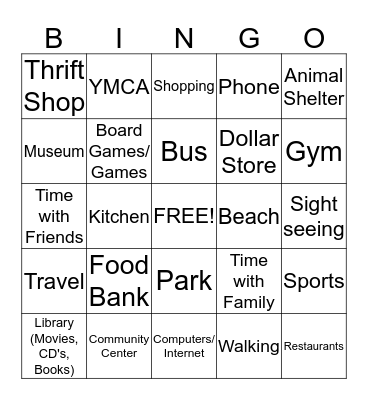 Leisure in the Community  Bingo Card