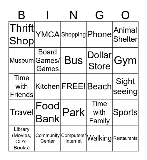 Leisure in the Community  Bingo Card