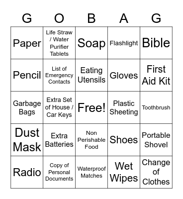 "To Go Bag" Bingo Card