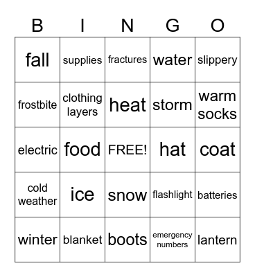 Winter Safety Bingo Card