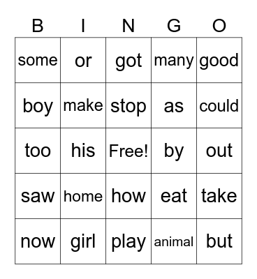 Sight Words Bingo Card