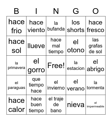 Spanish Words Bingo Card