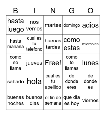 Spanish Words Bingo Card