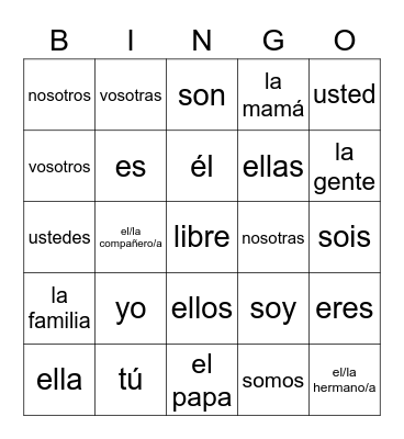 Spanish Words Bingo Card