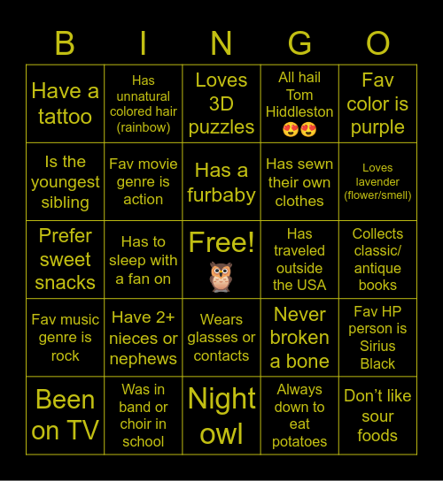 Get to know a Puff Pal Bingo Card