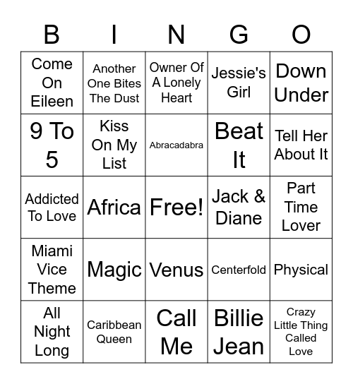 80s Hits Bingo Card