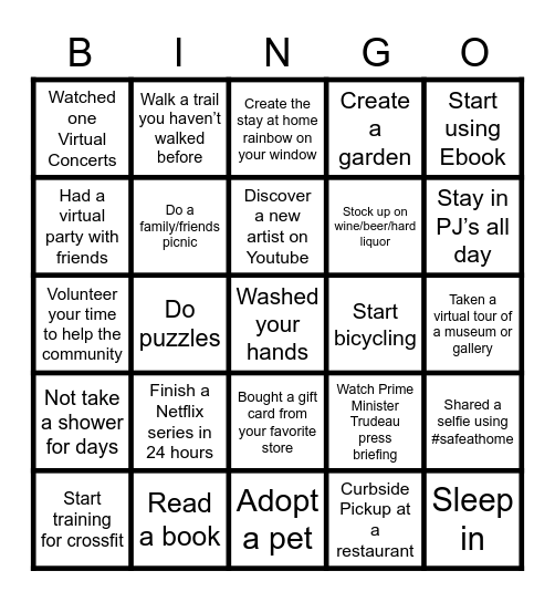 Social Distancing Bingo Card