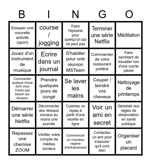 Bingo distanciation sociale Bingo Card