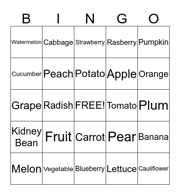 Fruit + Vegetable Bingo Card