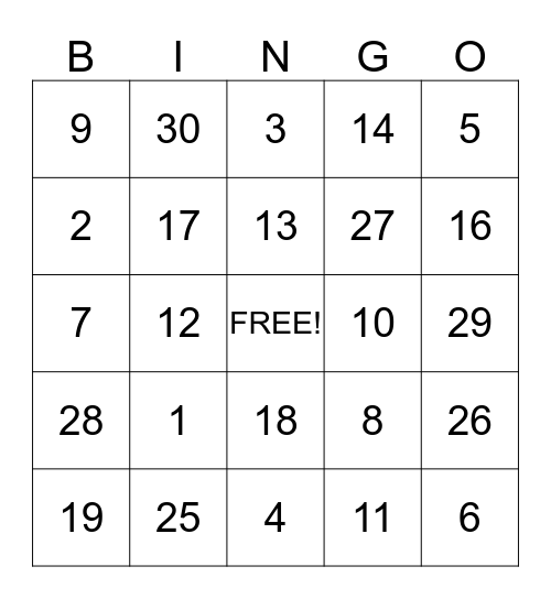 Number Bingo Card