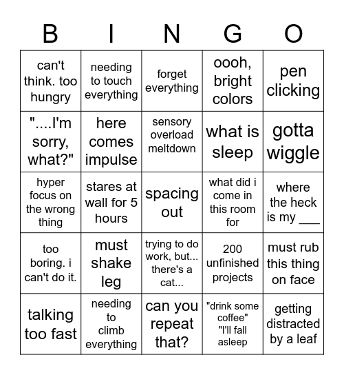 ADHD Bingo Card