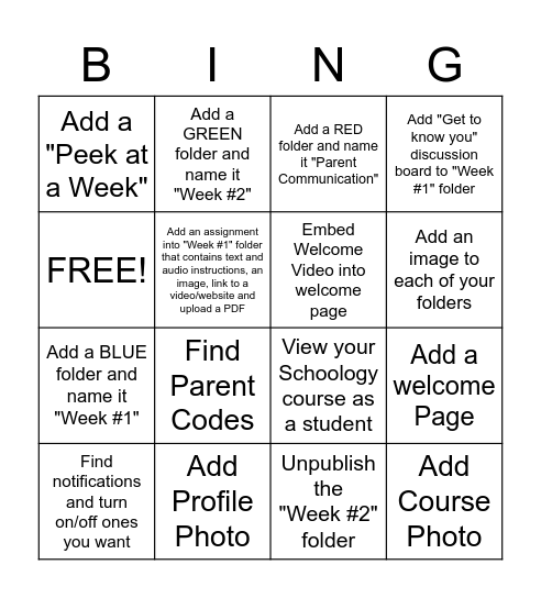 Schoology Design Bingo Card
