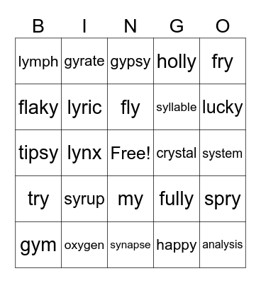 y = short i Bingo Card