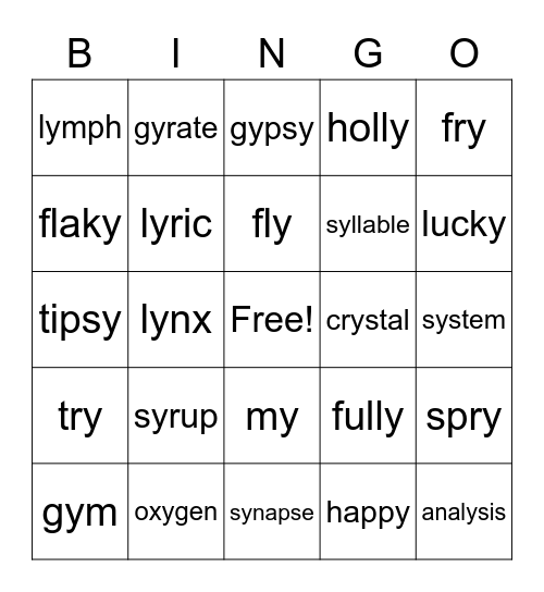y = short i Bingo Card