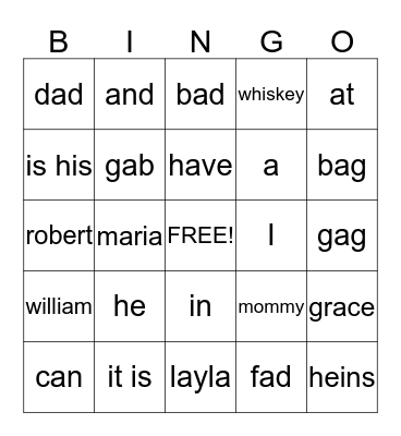 sight words Bingo Card