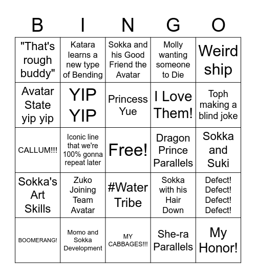 Avatar Season 3 Bingo Card