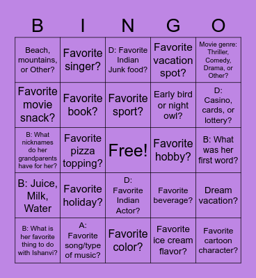 Dadi and Bhavika Birthday Bingo Card