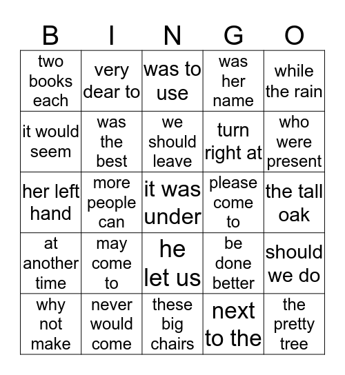 Fluency Phrases List 7 Bingo Card