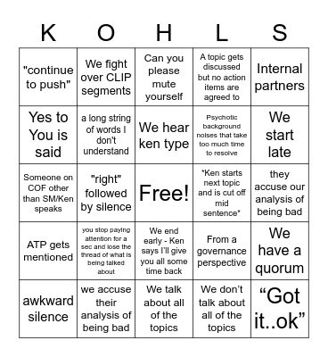 Kohl's Call Bingo Card