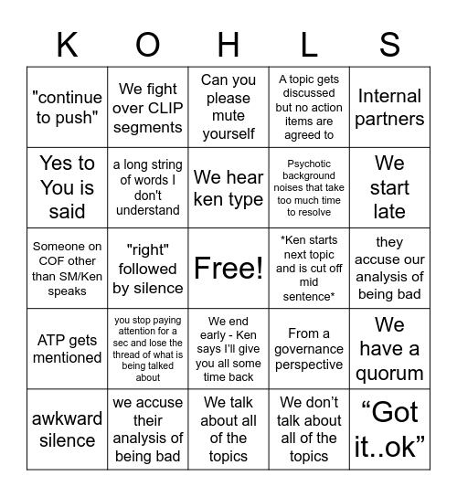 Kohl's Call Bingo Card