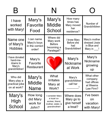 💕Mary is Retired!💕 Bingo Card