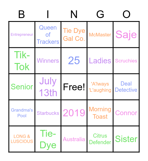 Amanda's Birthday Bingo Card