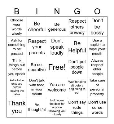 Good Manners/Etiquettes Bingo Card