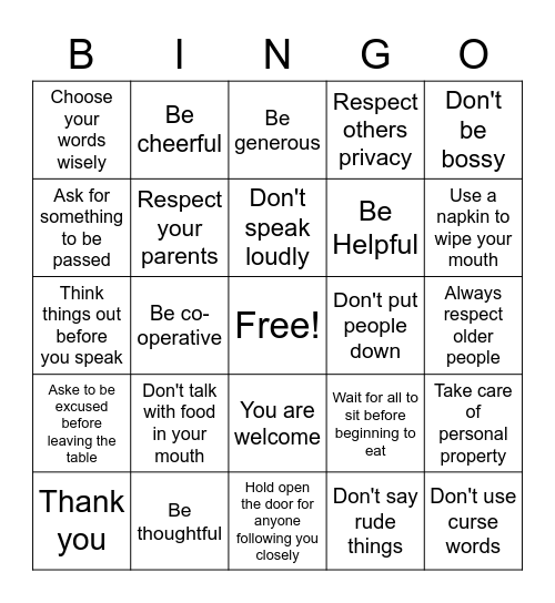 Good Manners/Etiquettes Bingo Card