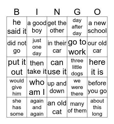 Fluency Phrases List 4 Bingo Card