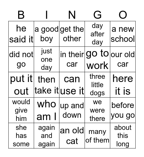 Fluency Phrases List 4 Bingo Card