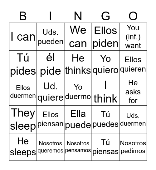 Irregular verbs Bingo Card