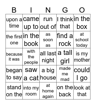 Fluency Phrases List 5 Bingo Card