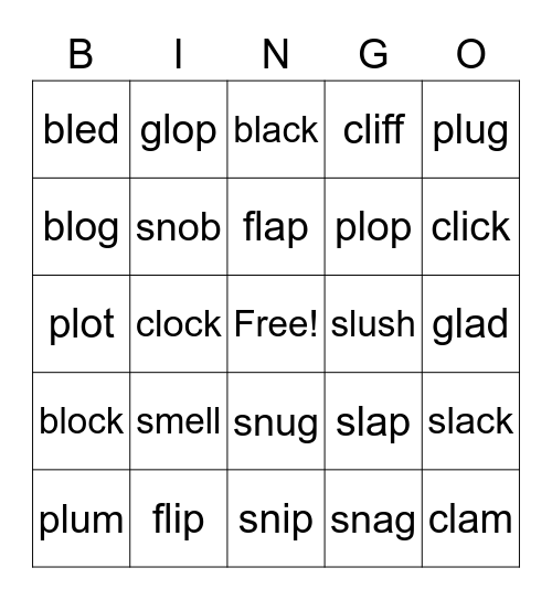 bl, cl, fl, gl, pl, sl BIngo Card