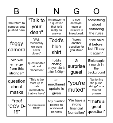 COVID Call Bingo Card