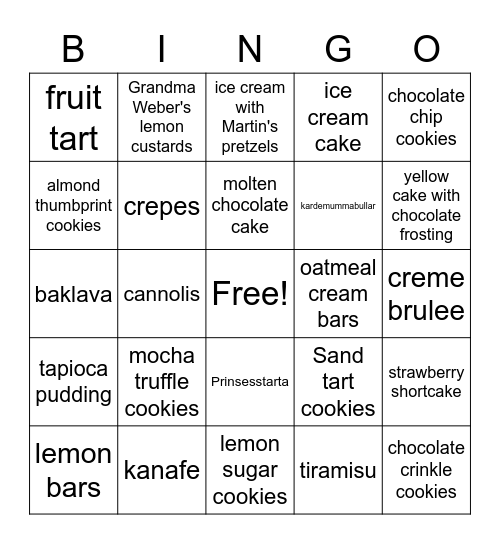 Non-pie desserts Bingo Card