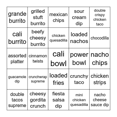 Taco Bell Bingo Card