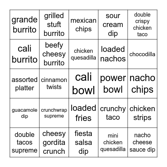 Taco Bell Bingo Card