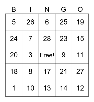 Number Bingo! Bingo Card