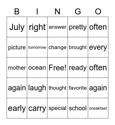 Fundations Trick Words Bingo Card