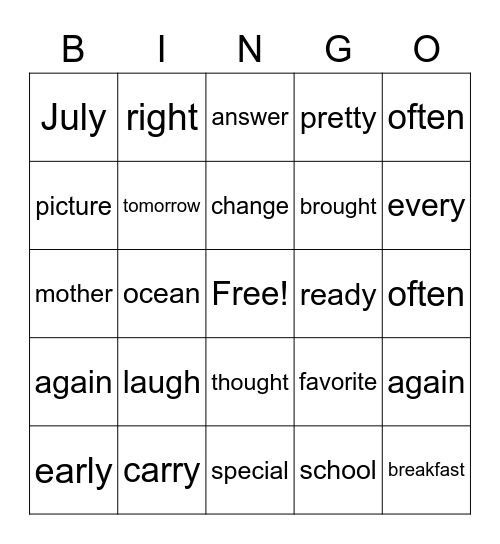 Fundations Trick Words Bingo Card