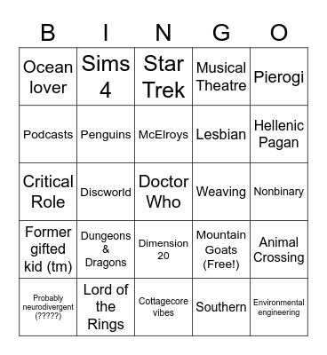 Aidan Bingo Card