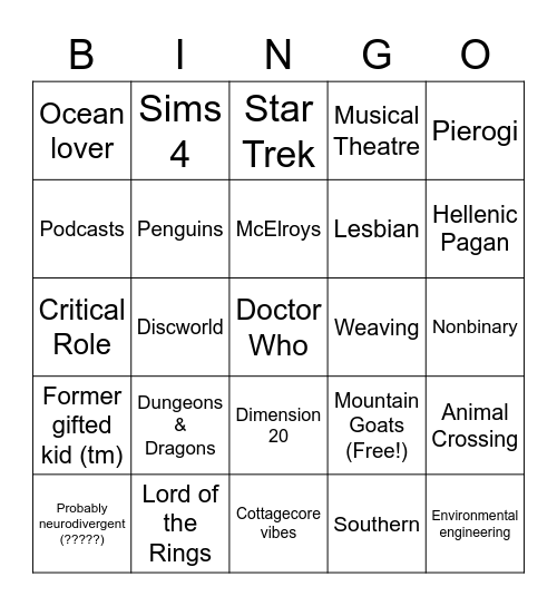 Aidan Bingo Card