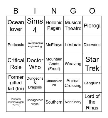 Aidan Bingo Card