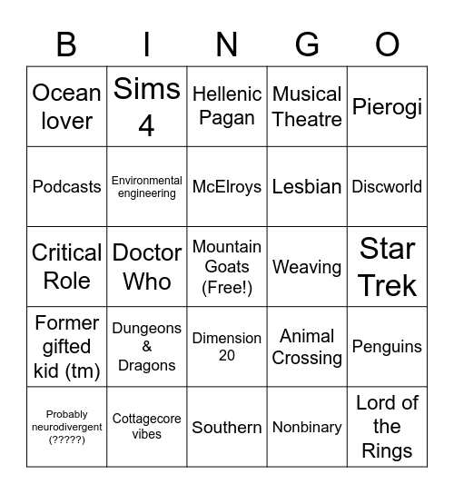 Aidan Bingo Card