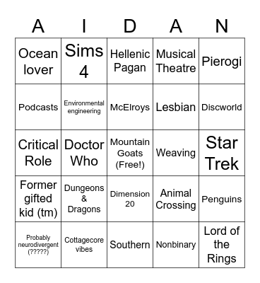 Aidan Bingo Card