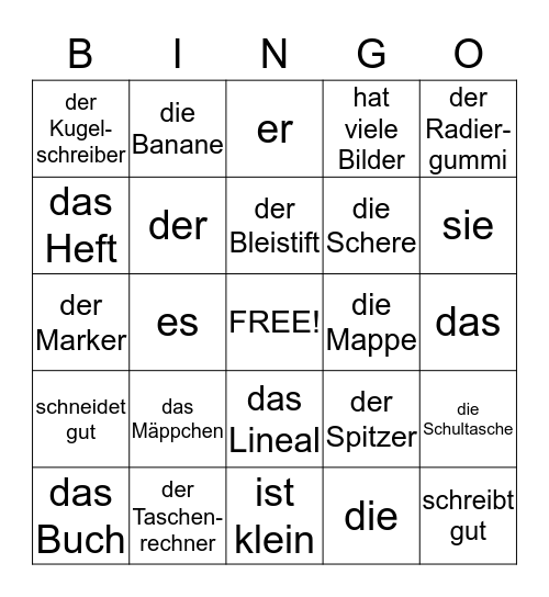 Schulsachen/ school items Bingo Card