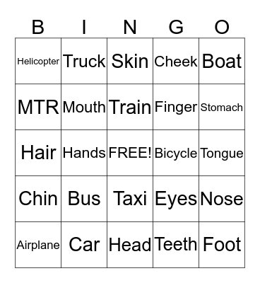 Transportation + Parts of Body Bingo Card