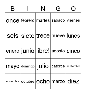 Spanish Bingo Card