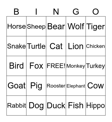 Animals Bingo Card