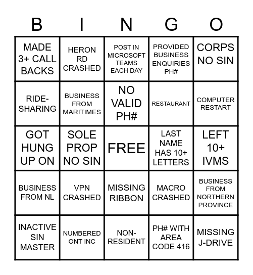 GERR WEEKLY BINGO Card